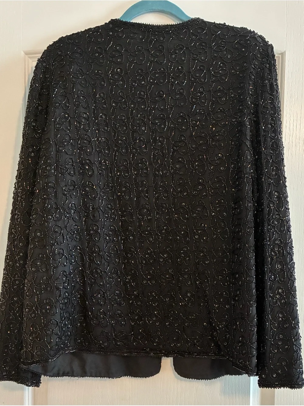 VTG Laurence Kazar Black Beaded Sequin Silk Open Front Lined Jacket Women’s L